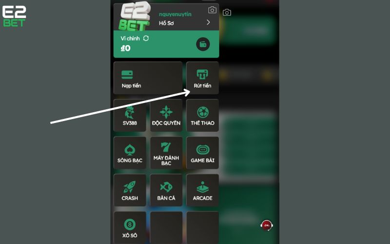 Bấm rút tiền hiển thị trong hồ sơ