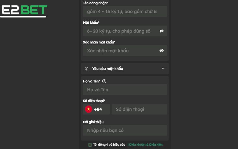 Giao diện đăng ký E2BET