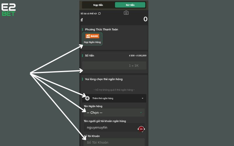 Nhập các thông tin rút tiền